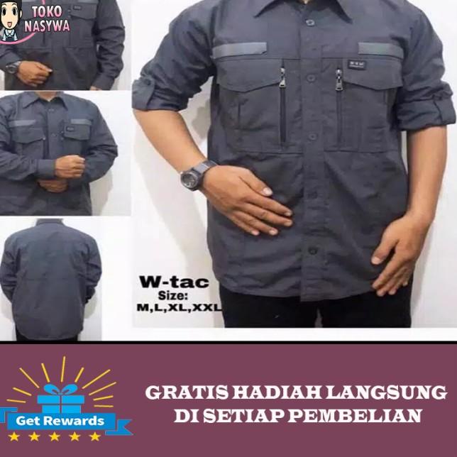 Baju Kemeja Pria Tactical WTAC Lengan Panjang Motif Polos Type Reguler - Abu-abu, M