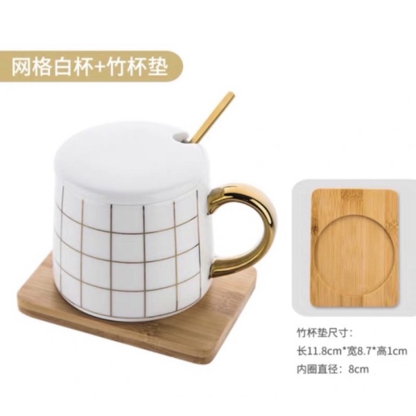 

Unik Nordic Mug Wooden Set / Gelas Keramik Gold Set Sendok Tatakan Kayu - Grid white Diskon