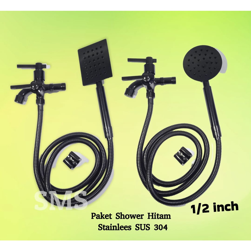 paket shower stainless SUS 304 hitam + kran cabang Hitam Murah