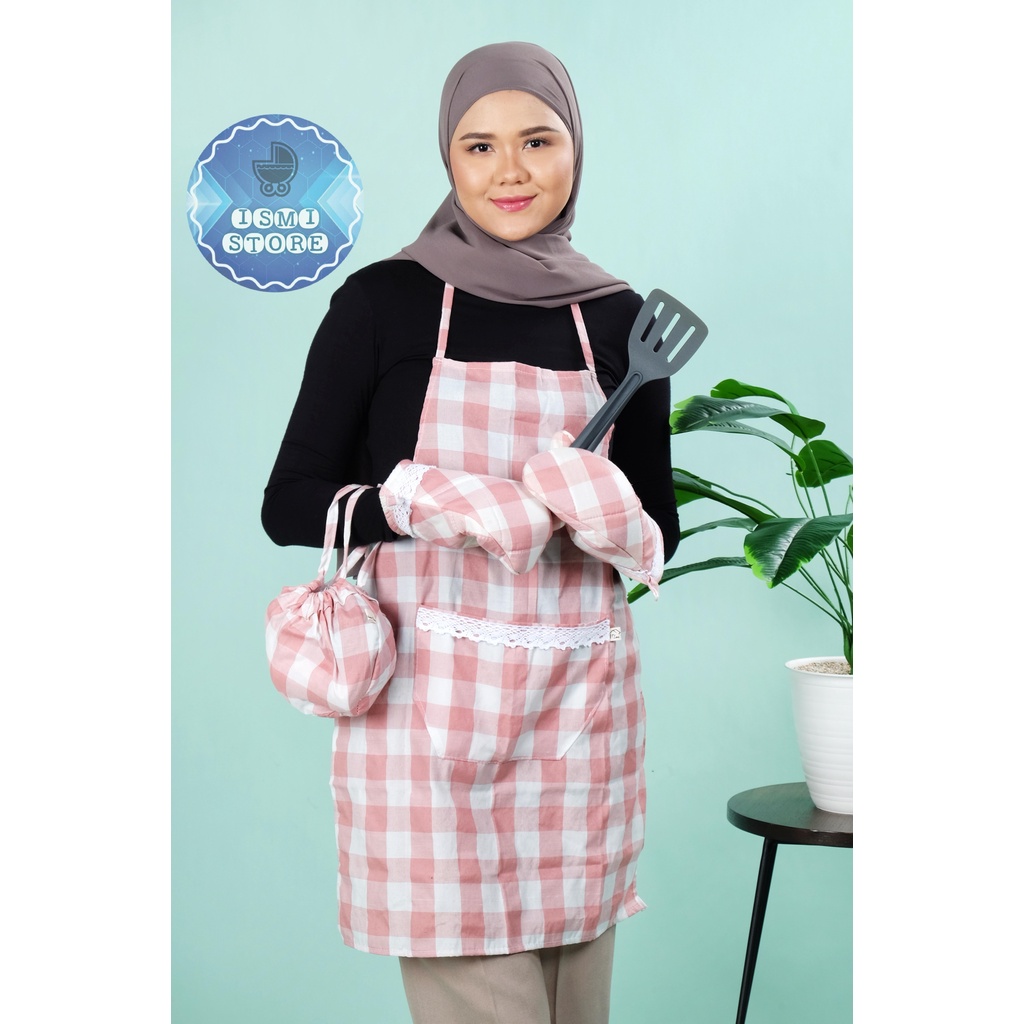 APRON / CELEMEK MASAK Motif Kotak-Kotak Gingham Ala Korea Kain Katun Ada Saku Depan Berhias Renda (A1)