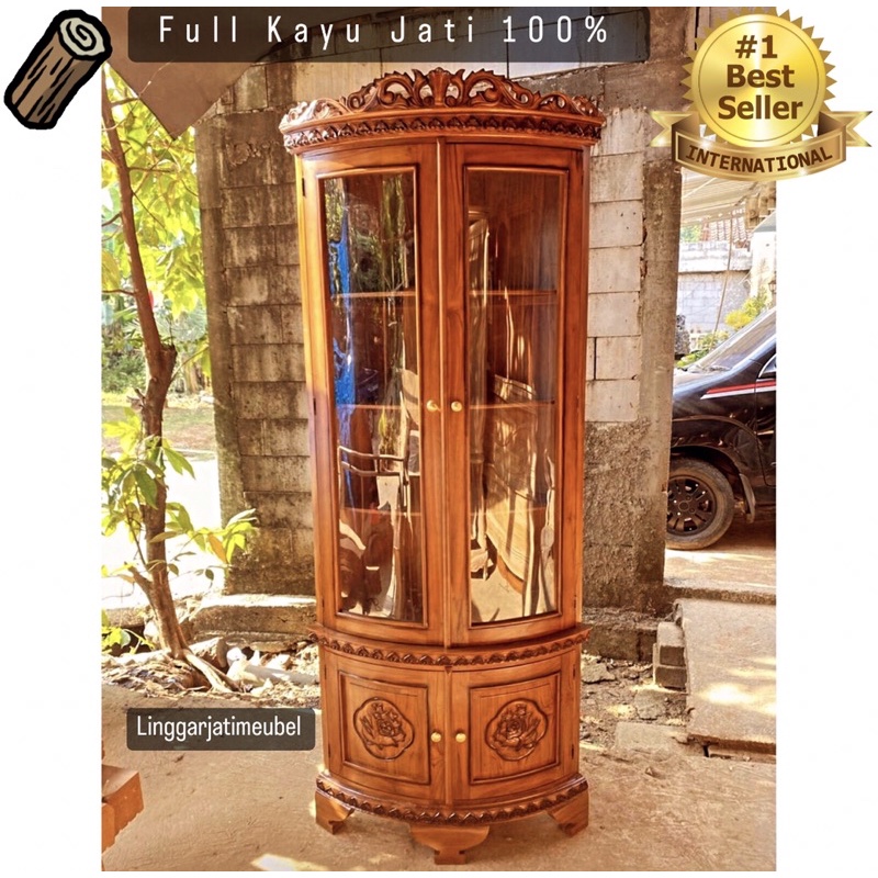 Lemari Hias Kaca/ Lemari Hias Jati Minimalis/Almari Hias Ruang Tamu / Lemari Sudut Pojok Kayu Jepara