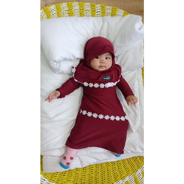 Gamis Hijab Renda Melati Bayi Balita Anak Perempuan Fashion Muslim Lucu Polos Katun 0-2 Tahun lime