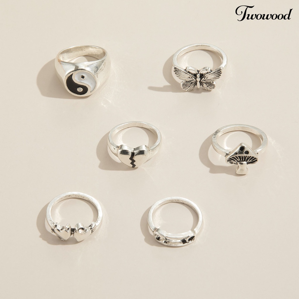 6pcs / Set Cincin Desain Kupu-Kupu Bahan Alloy Gaya Retro Stackable Untuk Aksesoris Perhiasan