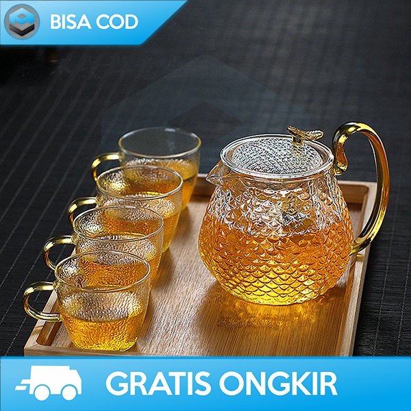 TEKO TEH SET TEA POT KACA 600ML CANGKIR 4 PCS TAHAN PANAS DESAIN MEWAH