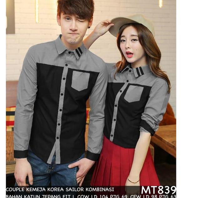 KEMEJA COUPLE/KEMEJA PASANGAN/BAJU COUPLE KOREA HEM SAILOR KOMBINASI - Hitam