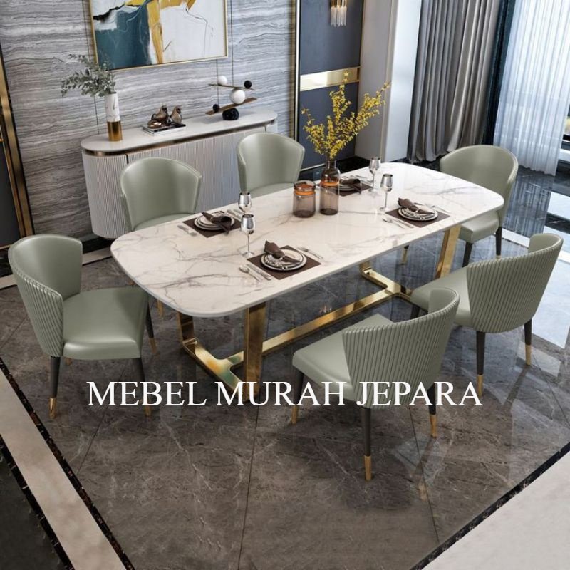 MEBEL SET MEJA MAKAN 6 KURSI TOP MARMER PUTIH CARARA KAKI BESI MINIMALIS - SET KURSI MAKAN 6 KURSI T