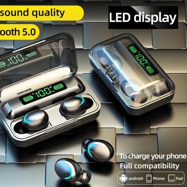 headset bluetooth led fingerprint tws f9-5c tws 5.0 earphone original - Hitam