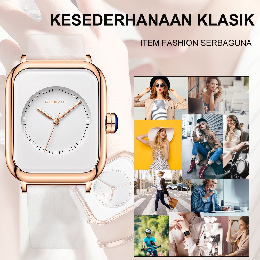 REBIRTH Jam Tangan Wanita Tali Kulit Mode Santai Squre Dial Anti Air Jam Tangan Cewek Original