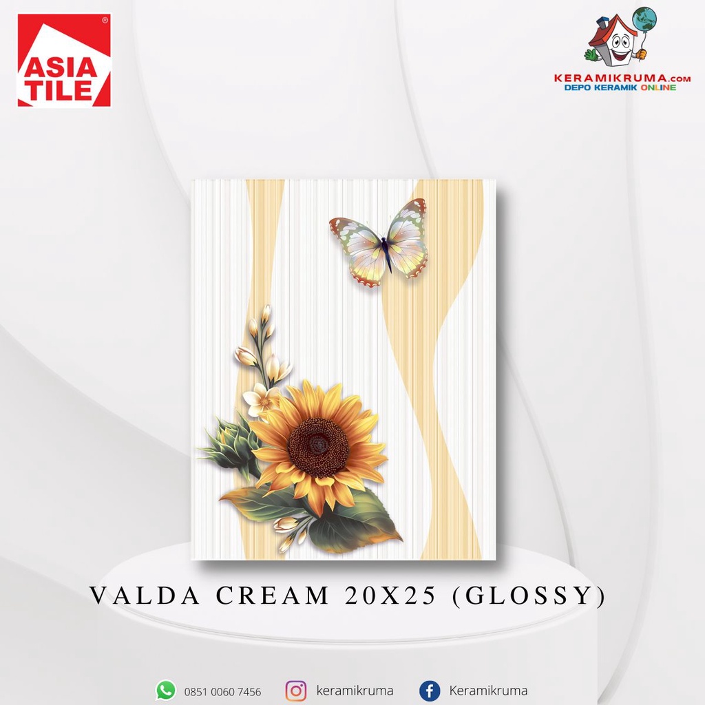 Keramik Dinding Asia Tile 20x25 Valda Cream Glossy Flat Kilap