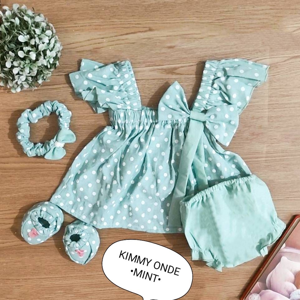 Setelan Baju Anak Bayi Perempuan Atasan Dan Celana Pendek Motif Kimmy Onde cewek Free Sepatu Dan Headband Estimasi Usia 0-6 Bulan