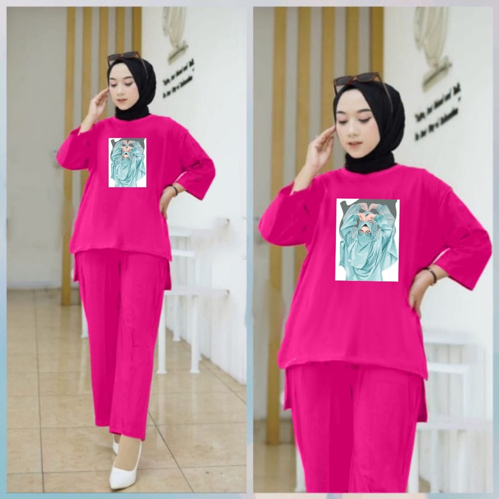 Setelan Tunik Hijab Love Saranghae Toska /Set Blouse LD 110