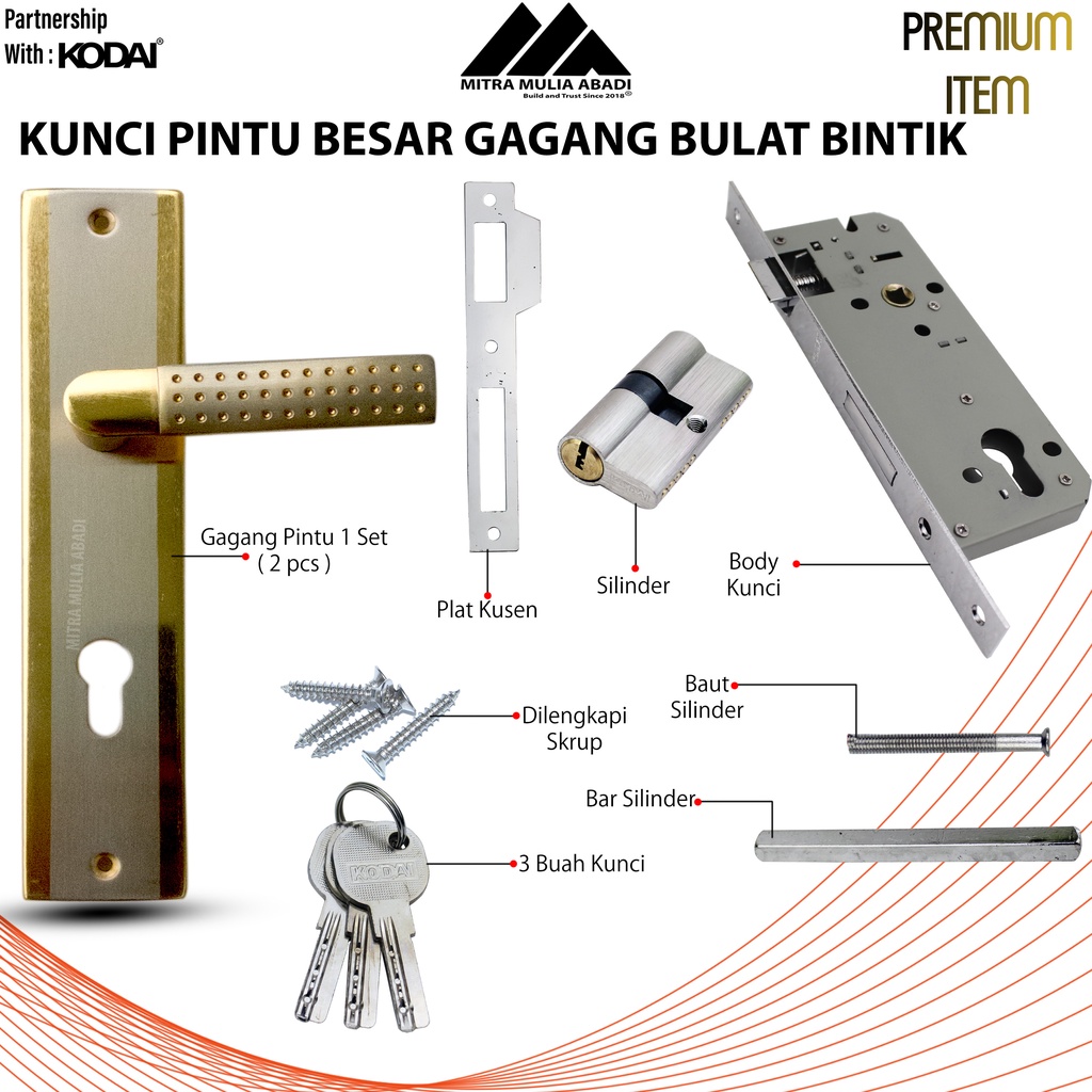 Kunci Pintu Besar 25cm Gagang Body Komplit Silinder Kodai Viva bulat