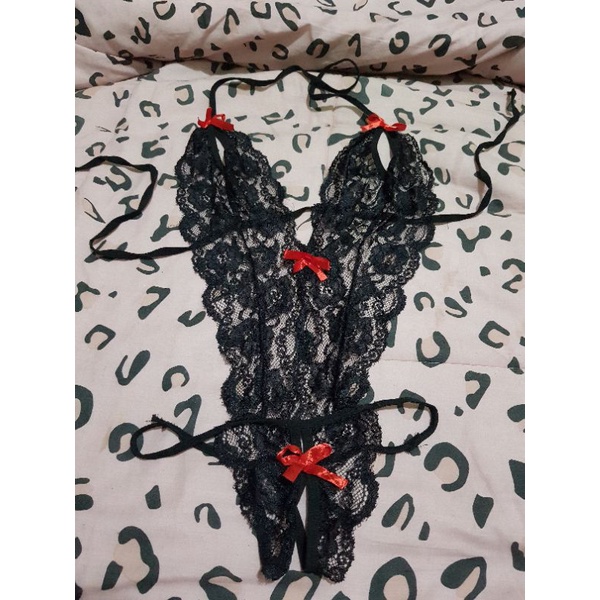 LINGERIE BODYSUIT LACE TRANSPARAN SEXY SWIMSUIT PITA TENGAH HITAM MERAH KADO TAHUN BARU
