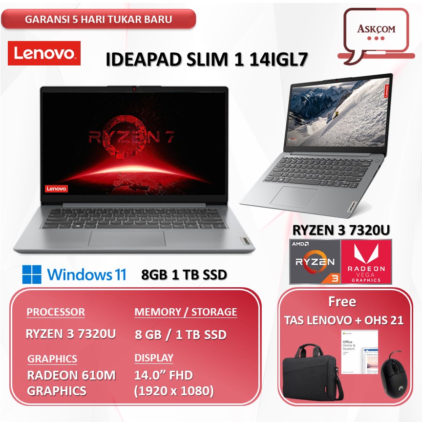 Laptop Lenovo Ideapad Slim 1 14 Ryzen 3 7320U RAM 8GB 1TB ssd Radeon 610M 14.0FHD OHS 21 14.0FHD