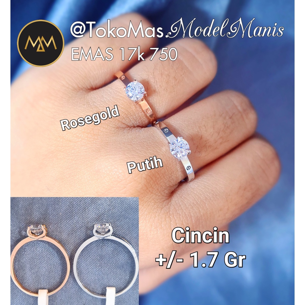 Cincin solitaire emas  emas putih dan rose gold 750 kadar 17k