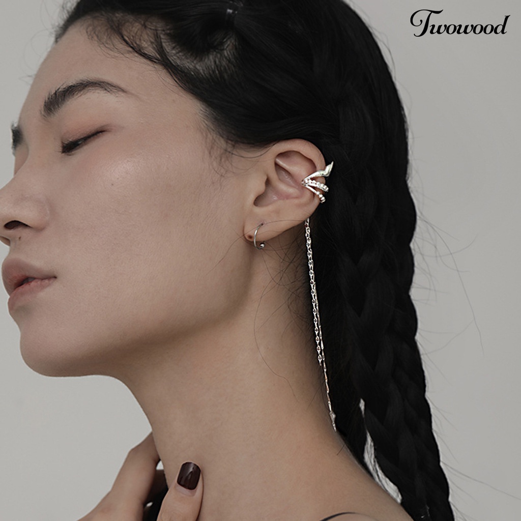1 Pc Anting Klip Telinga Kanan Bentuk Geometris Model Rumbai Panjang Gaya Gothic Untuk Wanita