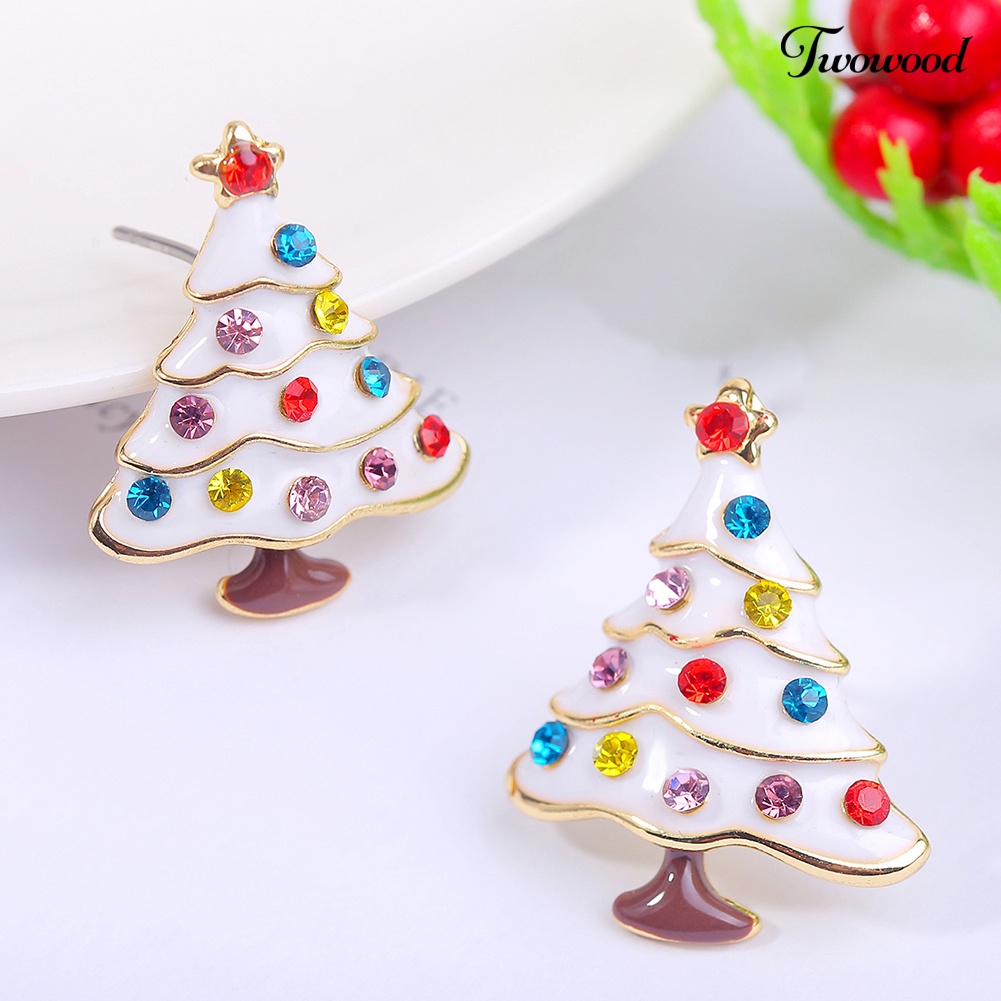 Anting Stud Desain Pohon Natal Bahan Alloy Aksen Berlian Imitasi Untuk Wanita