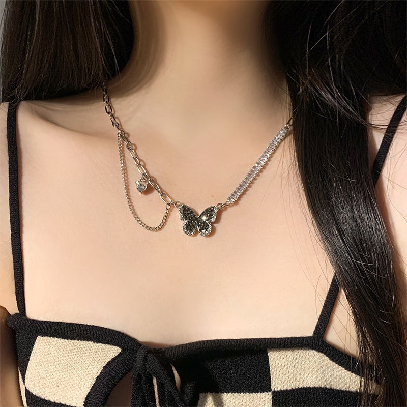 Suhao super peri hitam kupu-kupu zirkon kalung perempuan cahaya mewah desain niche high-end trendi rantai klavikula 2022 kalung baru