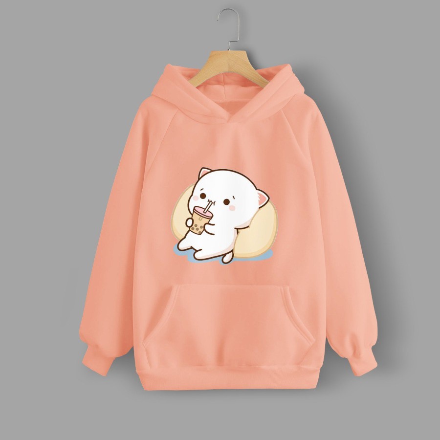 Hoodie Wanita Gambar Gomma Minum Boba Warna Peach Terbaru Vallenca Official