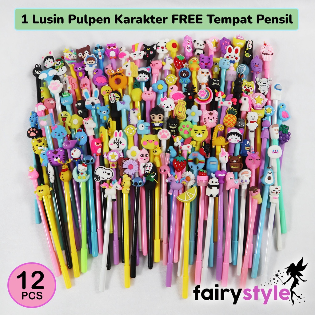 

1 Lusin Pulpen Gel Karakter Lucu FREE Tempat Pensil Zipper Pouch - Fairystyle