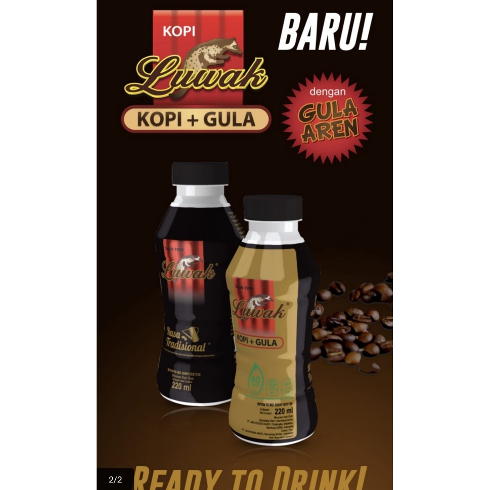 Kopi siap minum luwak hitam botol kopi + gula ( per 1 PC) kopi enak dan murah