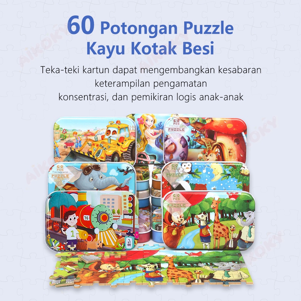 Aikoky Puzzle Kayu Kotak Besi 60PCS/Puzzle kaleng 60PCS/Wooden toys/Mainan kayu edukasi anak