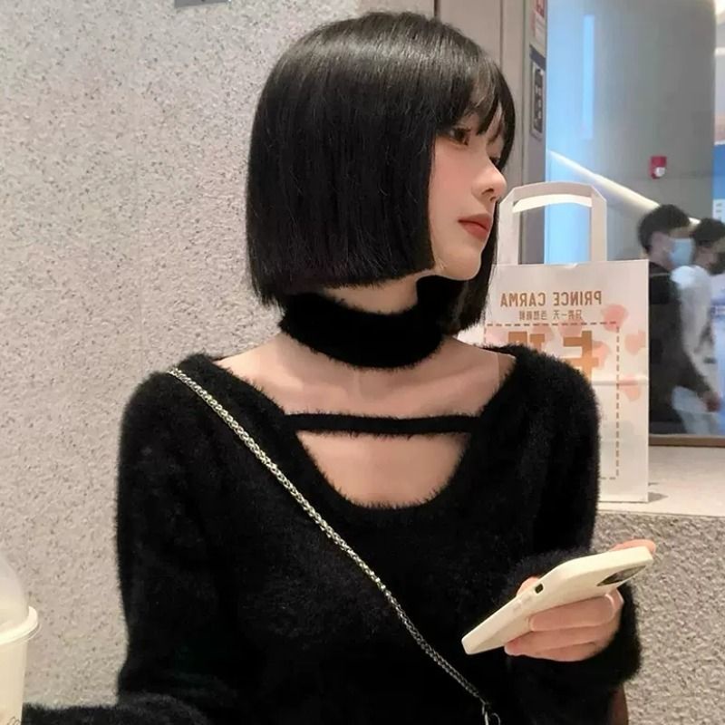 Red Ketan lembut sweater pendek wanita musim gugur dan musim dingin ceruk desain keinginan murni menggantung leher top longgar pakaian luar rajutan atasan lengan panjang