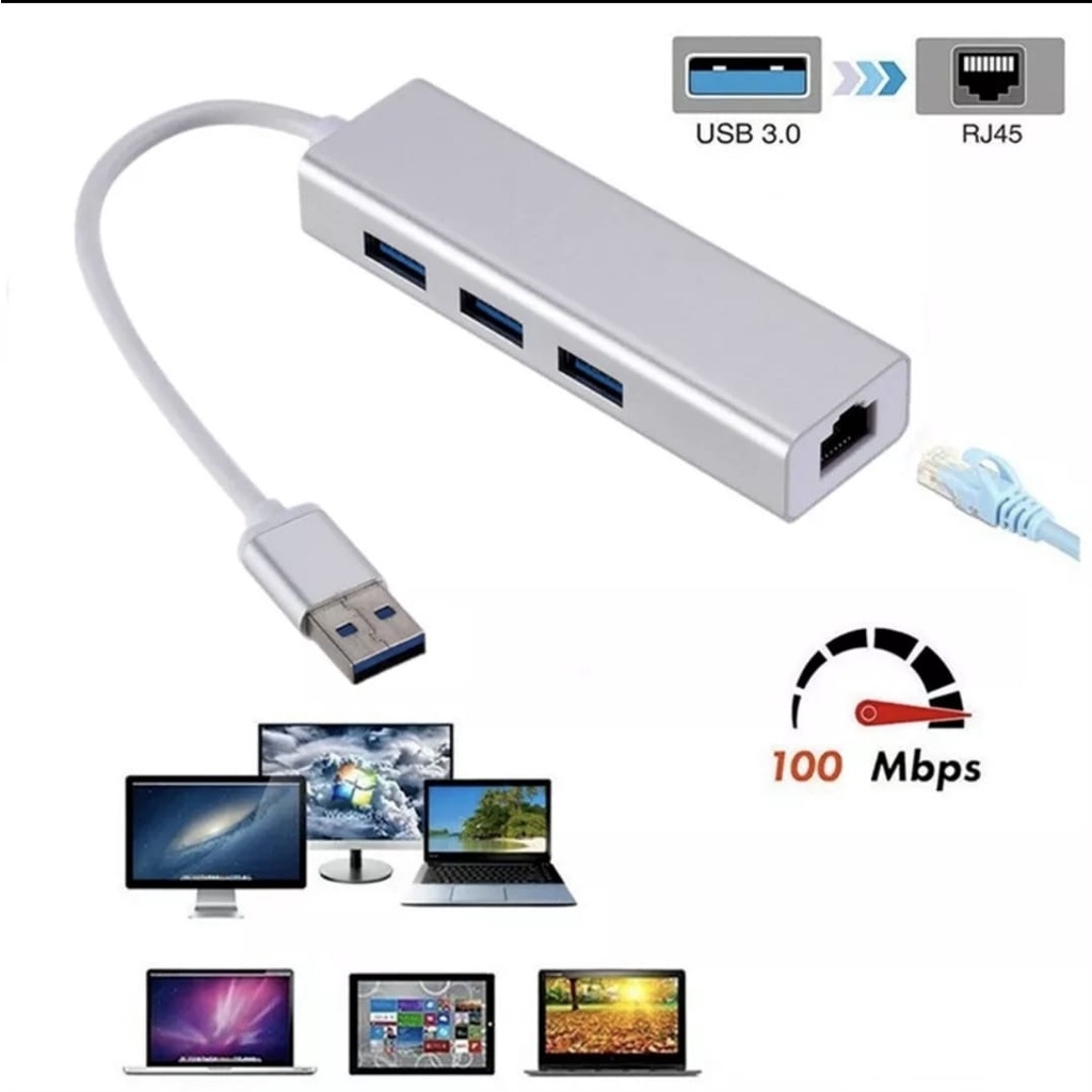 USB Hub 3 Port 3.0 Ethernet Adapter Rj45 Lan Port High speed 100 / 1000Mbps