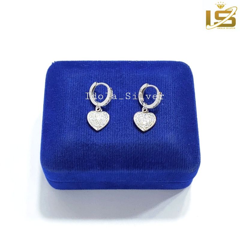 ANTING PERAK ASLI SILVER 925 LAPIS EMAS MODEL JEPIT GANTUNGAN LOVE PERMATA - PERHIASAN PERAK WANITA