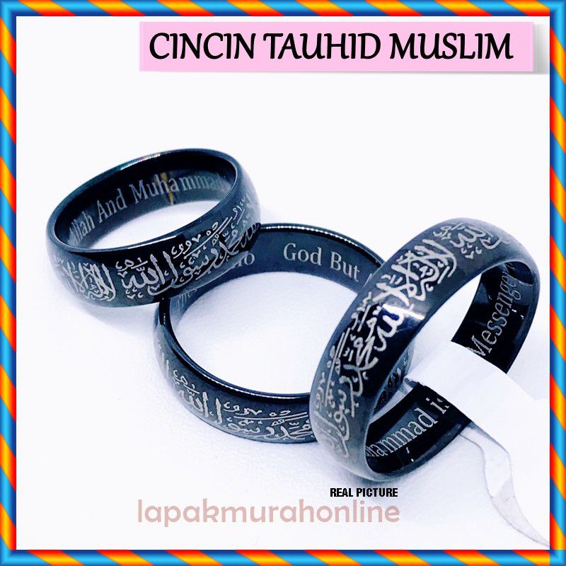 Cincin Tauhid Syahadat Hitam gold Titanium ukir kaligrafi Anti Luntur