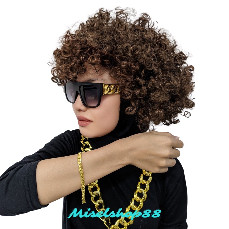 paket kostum hiphop wig kacamata kalung gelang