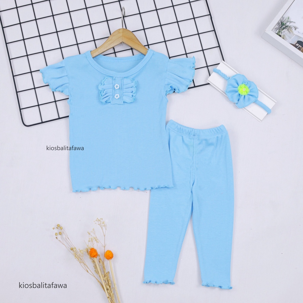 (KNIT) Setelan Cotton Rib uk 3-18 Bulan / GRATIS BANDANA Set Legging Perempuan Baju Anak Cewek Celana Panjang Polos Katun Rib Import Babycinnamon