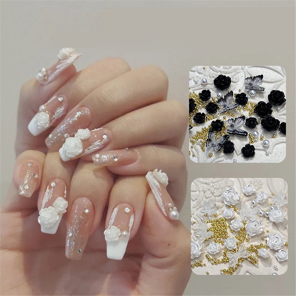 Ins Set Hiasan Bunga Camellia + Mutiara Imitasi Warna Hitam / Putih Untuk Dekorasi Nail Art DIY