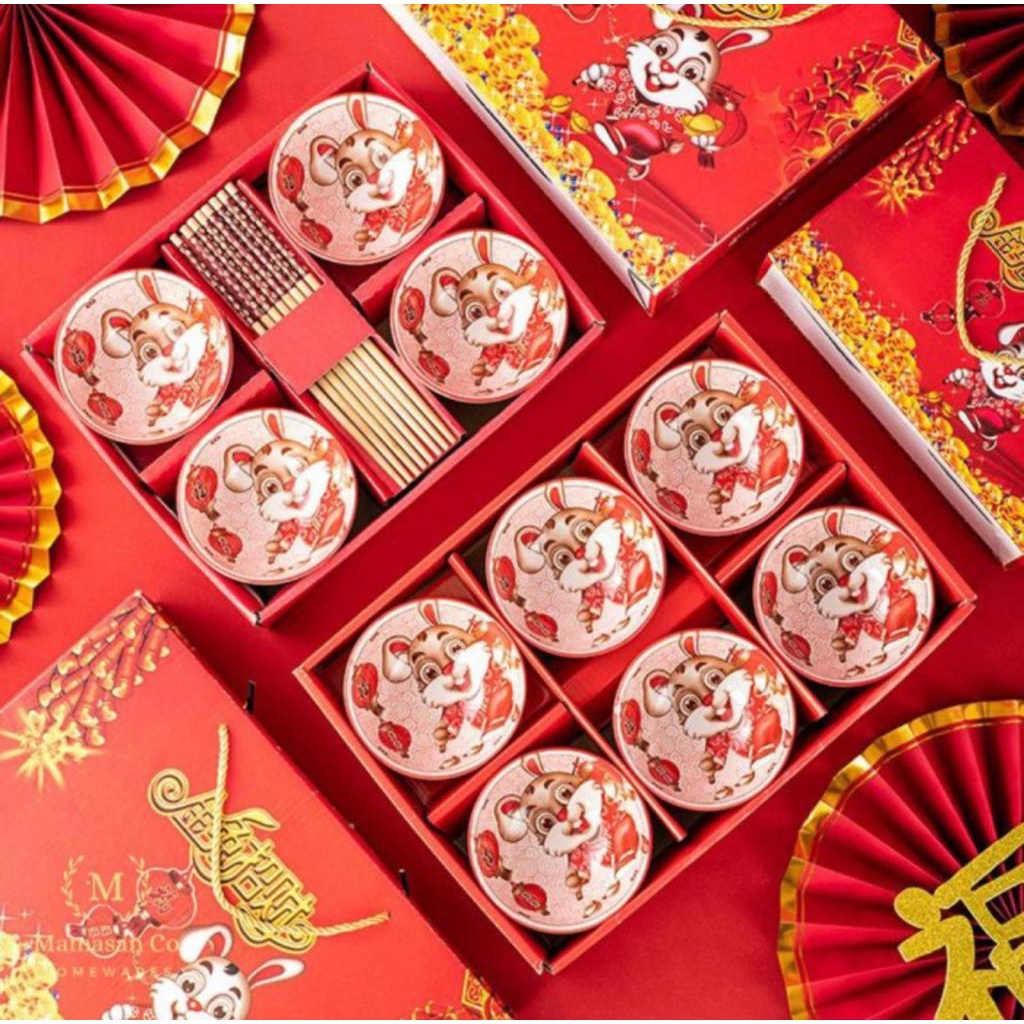 Chinese Imlek 4 Ceramic Bowl & Chopsticks MCHC2 | Gift Set Hamper