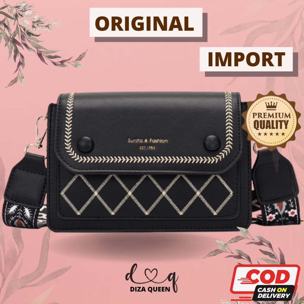 DQ111 Tas Selempang Wanita Import Terbaru 2022 Batam Original Kulit Hitam Sling bag Ibu Ibu Kondanga