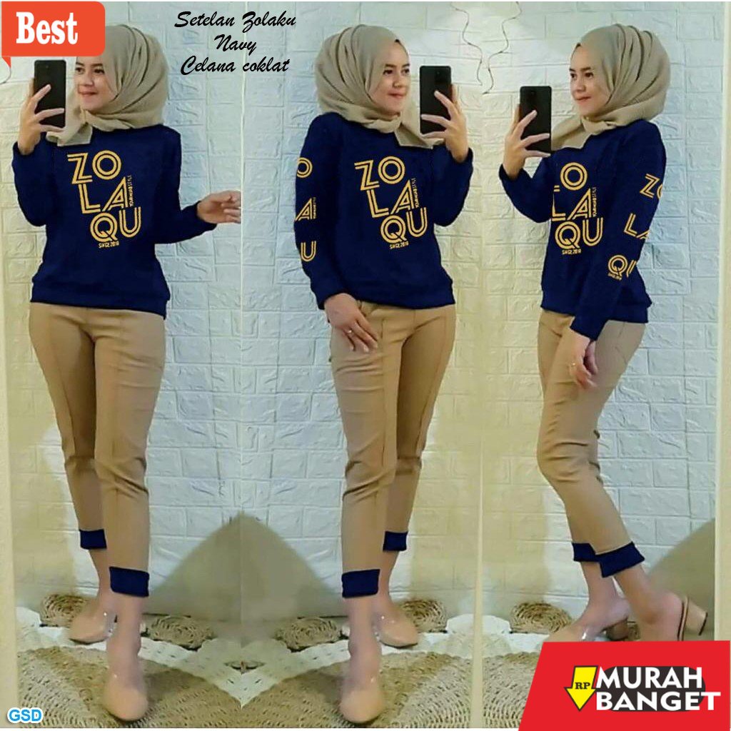 baju setelan wanita kekinian 2022 NCR - Setelan Baju dan Celana Panjang Coklat Motif Sablon Zolaku S