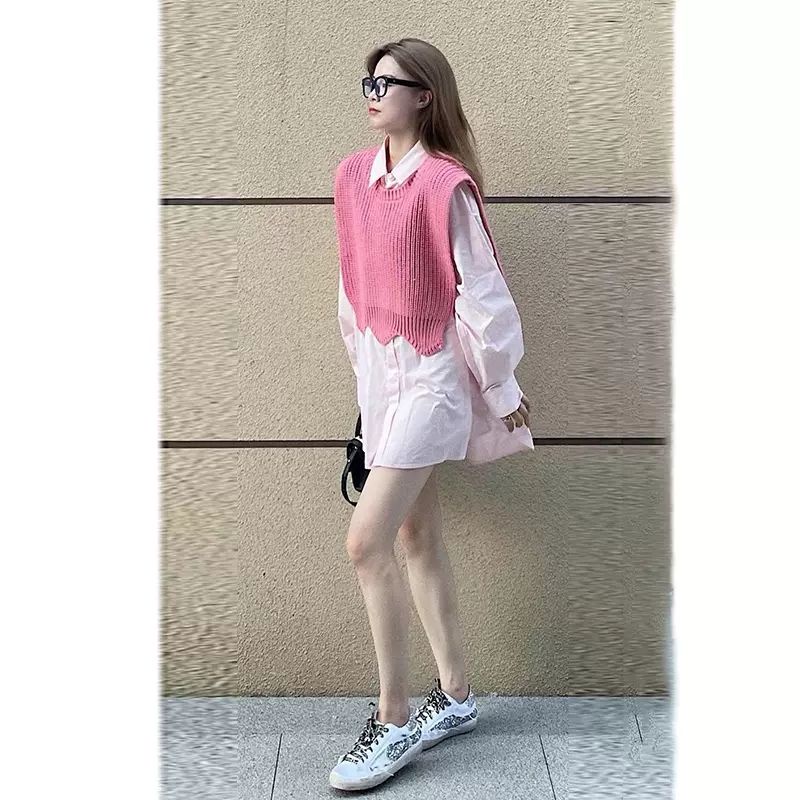 2022 new early autumn high-end Korean top light mature pink long-sleeved loose vest shirt two-piece