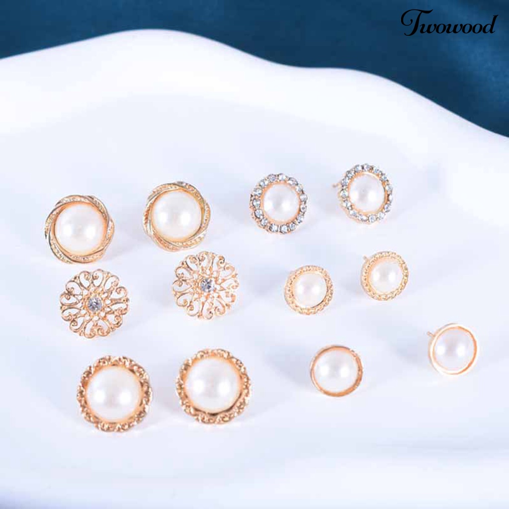 6 Pasang Anting Stud Desain Bunga Mutiara Berlian Imitasi Bentuk Bulat Untuk Wanita