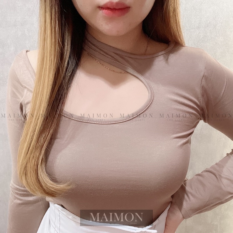 Long Sleeve Asymmetric Cut Out Top | Atasan Spandex Wanita Korean Fashion | Maimon Grosir