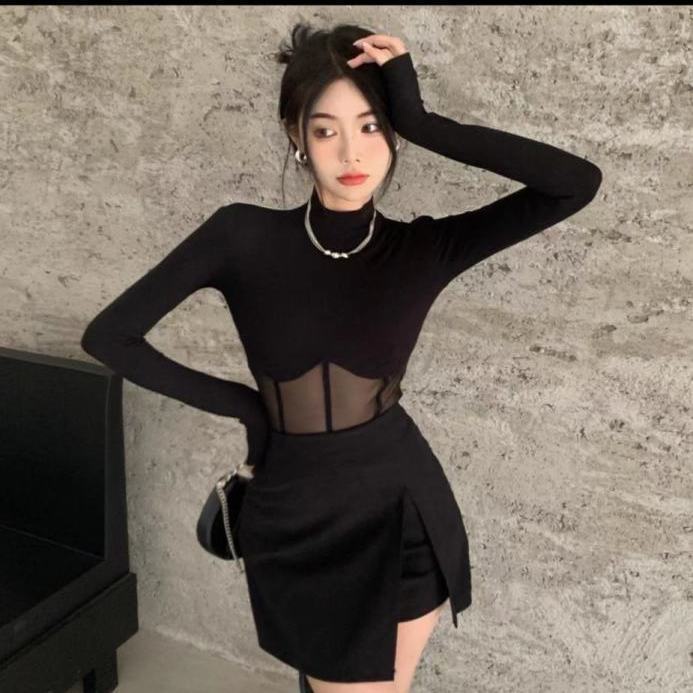 Suhao versi Korea dari jaring merah hot girl mesh T-shirt wanita musim gugur dan musim dingin hitam lengan panjang setengah turtleneck kemeja bottoming dengan atasan pendek