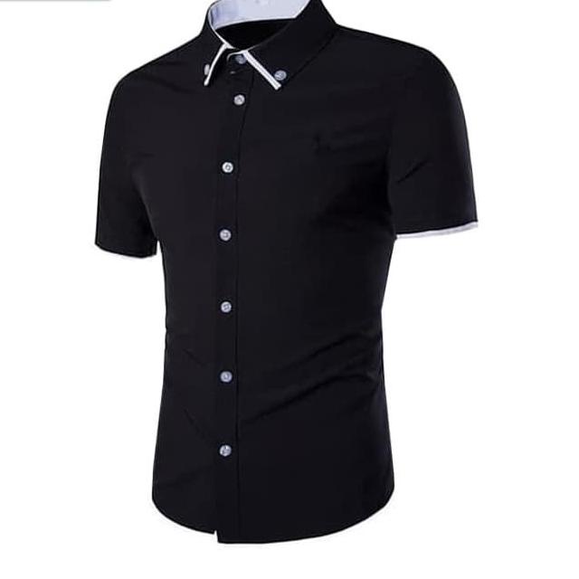 Kemeja Pria Lengan Pendek Foord Slim Fit | Putih Maroon Hitam Navy - Hitam, XS