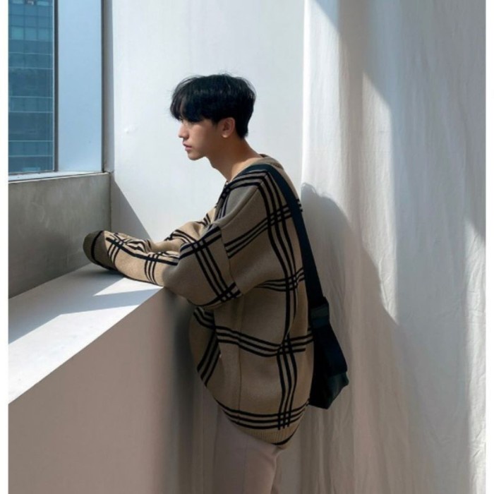 Cardigan Rajut Pria Big size Knit Oversize Motif Kotak Garis