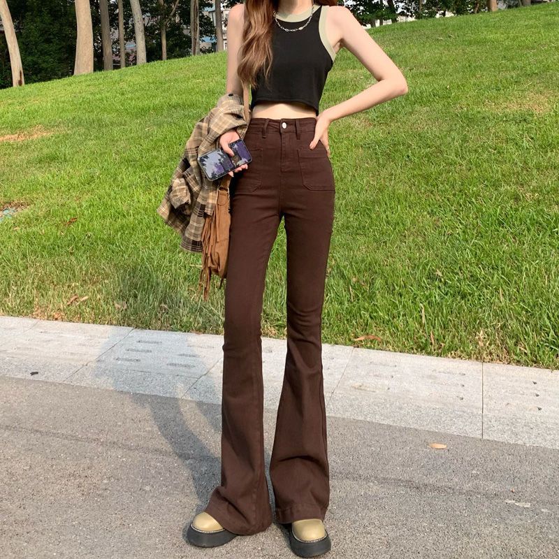 Red Celana jeans ramping retro pinggang tinggi wanita tahun 2022 beludru desain baru celana panjang micro-flare kaki lebar ramping