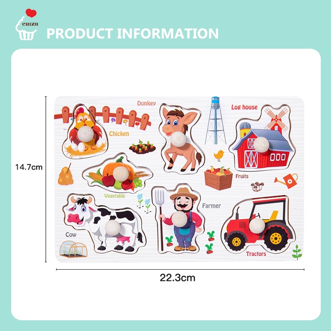 Knob Puzzle Board Medium | Wooden Puzzle Gagang Knop Kayu | Puzzel Angka Number / Bentuk Geometri Shape / Hewan Binatang Serangga Dinosaurus / Transportasi Kendaraan / Buah Sayur Sayuran | Mainan Edukatif Edukasi Anak Balita Kenop Handle Peg Grip Pegged
