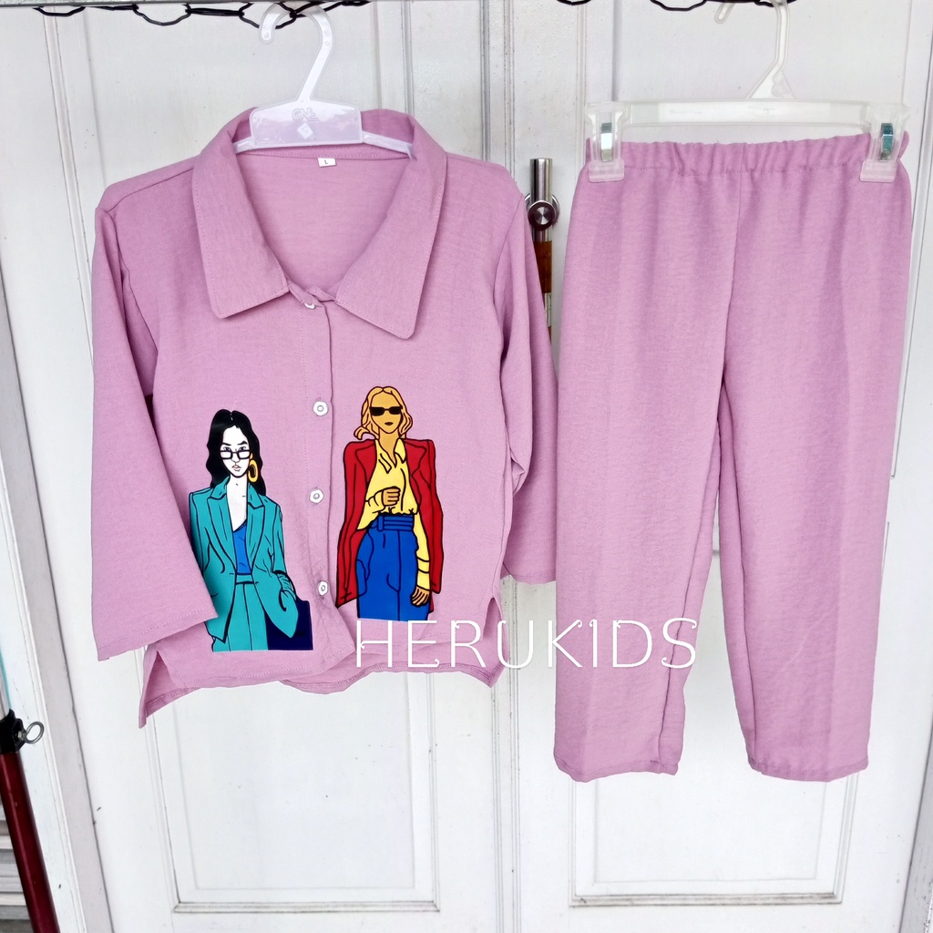 BAJU SET ANAK VIRAL / SETELAN KEMEJA CROP TOP OVERSIZE SABLON ANIME / SETCEL ANAK PEREMPUAN USIA 1-1