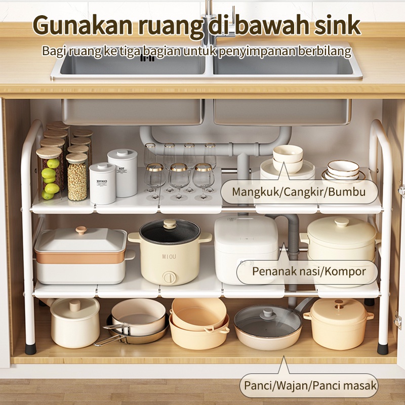 Rak dapur stainless steel yang dapat ditarik di bawah rak panci wastafel rak multifungsi