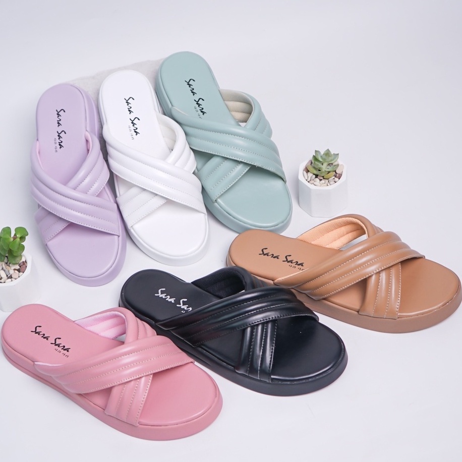 SARASARA YUK - Sandal Wanita Alas Sol Tebal Tinggi SARA SARA DORA Sendal Cewek Platform Wedges Kondangan Hak 2cm Model Silang 2 Size 36 37 38 39 40 Jalan Casual Santai Rumah Slop Warna White Putih Selop Original Kekinian Terbaru Shoes Mall Official Store