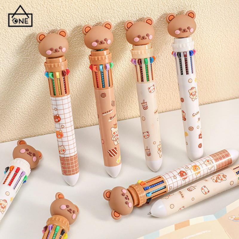 COD❤️1pc Pulpen Mekanik 10 Warna Warni Rectractable Pen Color Motif Kartun Lucu Bear Grid Kotak Aesthetic Bolpoin Alat Tulis Sekolah-A.one