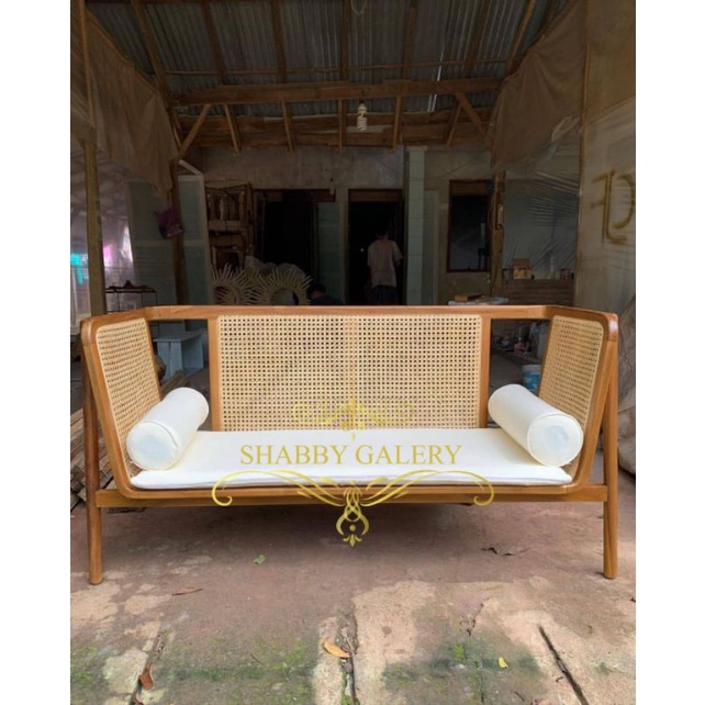 Kursi Bangku Rotan Aestethic Rotan Kayu Jati, Kursi Sofa Retro Scandinavian Kayu Jati Minimalis