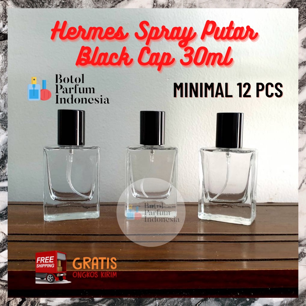 BOTOL PARFUM SPRAY KACA KOSONG  30 ML (KOTAK BLACK CAP DRAT SUPREME BLACK CAP 30 ML) SPRAY PUTAR DRA